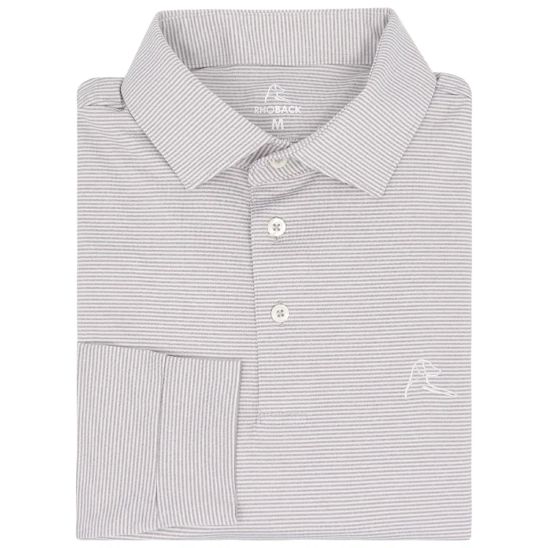 Men's vintage - inspired retro polo shirts with unique patternsThe Whaler Heather Stripe | Long Sleeve Performance Polo | The Whaler Heather Stripe - Lunar Grey/White